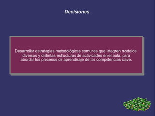 Decisiones.
Desarrollar estrategias metodológicas comunes que integren modelos
diversos y distintas estructuras de actividades en el aula, para
abordar los procesos de aprendizaje de las competencias clave.
Desarrollar estrategias metodológicas comunes que integren modelos
diversos y distintas estructuras de actividades en el aula, para
abordar los procesos de aprendizaje de las competencias clave.
 