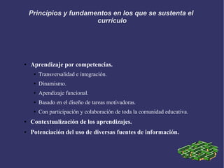 Principios y fundamentos en los que se sustenta el
currículo
● Aprendizaje por competencias.
● Transversalidad e integración.
● Dinamismo.
● Apendizaje funcional.
● Basado en el diseño de tareas motivadoras.
● Con participación y colaboración de toda la comunidad educativa.
● Contextualización de los aprendizajes.
● Potenciación del uso de diversas fuentes de información.
 