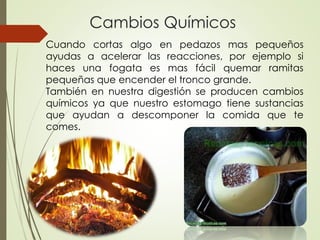 Cuando cortas algo en pedazos mas pequeños
ayudas a acelerar las reacciones, por ejemplo si
haces una fogata es mas fácil quemar ramitas
pequeñas que encender el tronco grande.
También en nuestra digestión se producen cambios
químicos ya que nuestro estomago tiene sustancias
que ayudan a descomponer la comida que te
comes.
Cambios Químicos
 