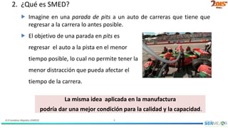 4.9 Cambios Rápidos (SMED) 8
 Imagine en una parada de pits a un auto de carreras que tiene que
regresar a la carrera lo antes posible.
 El objetivo de una parada en pits es
regresar el auto a la pista en el menor
tiempo posible, lo cual no permite tener la
menor distracción que pueda afectar el
tiempo de la carrera.
La misma idea aplicada en la manufactura
podría dar una mejor condición para la calidad y la capacidad.
2. ¿Qué es SMED?
 