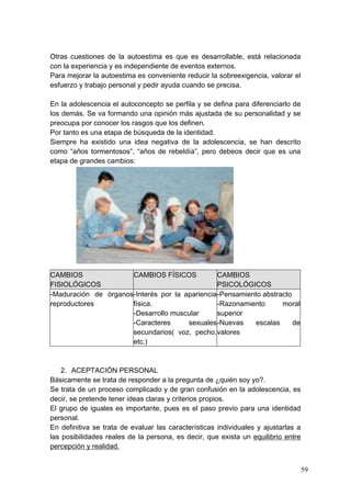 Otras cuestiones de la autoestima es que es desarrollable, está relacionada
con la experiencia y es independiente de eventos externos.
Para mejorar la autoestima es conveniente reducir la sobreexigencia, valorar el
esfuerzo y trabajo personal y pedir ayuda cuando se precisa.

En la adolescencia el autoconcepto se perfila y se defina para diferenciarlo de
los demás. Se va formando una opinión más ajustada de su personalidad y se
preocupa por conocer los rasgos que los definen.
Por tanto es una etapa de búsqueda de la identidad.
Siempre ha existido una idea negativa de la adolescencia, se han descrito
como “años tormentosos”, “años de rebeldía”, pero debeos decir que es una
etapa de grandes cambios:




CAMBIOS                CAMBIOS FÍSICOS            CAMBIOS
FISIOLÓGICOS                                      PSICOLÓGICOS
-Maduración de órganos -Interés por la apariencia -Pensamiento abstracto
reproductores          física.                    -Razonamiento      moral
                       -Desarrollo muscular       superior
                       -Caracteres      sexuales -Nuevas     escalas     de
                       secundarios( voz, pecho, valores
                       etc.)



    2. ACEPTACIÓN PERSONAL
Básicamente se trata de responder a la pregunta de ¿quién soy yo?.
Se trata de un proceso complicado y de gran confusión en la adolescencia, es
decir, se pretende tener ideas claras y criterios propios.
El grupo de iguales es importante, pues es el paso previo para una identidad
personal.
En definitiva se trata de evaluar las características individuales y ajustarlas a
las posibilidades reales de la persona, es decir, que exista un equilibrio entre
percepción y realidad.


                                                                                    59
 