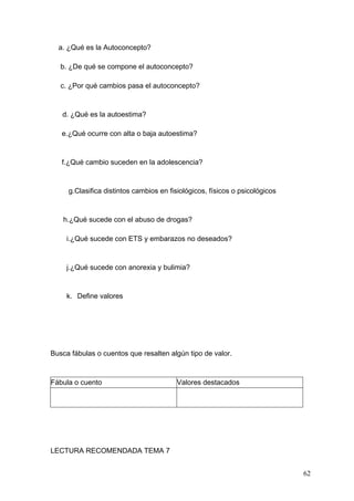 a. ¿Qué es la Autoconcepto?

   b. ¿De qué se compone el autoconcepto?

   c. ¿Por qué cambios pasa el autoconcepto?



   d. ¿Qué es la autoestima?

   e.¿Qué ocurre con alta o baja autoestima?



   f.¿Qué cambio suceden en la adolescencia?



     g.Clasifica distintos cambios en fisiológicos, físicos o psicológicos



   h.¿Qué sucede con el abuso de drogas?

     i.¿Qué sucede con ETS y embarazos no deseados?



     j.¿Qué sucede con anorexia y bulimia?



     k. Define valores




Busca fábulas o cuentos que resalten algún tipo de valor.



Fábula o cuento                          Valores destacados




LECTURA RECOMENDADA TEMA 7


                                                                             62
 