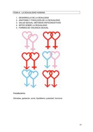 TEMA 8 . LA SEXUALIDAD HUMANA

   1.   DESARROLLO DE LA SEXULIDAD
   2.   ANATOMÍA Y FISIOLOGÍA DE LA SEXUALIDAD
   3.   SALUD SEXUAL: MÉTODOS ANTICONCETIVOS
   4.   MITOS SOBRE LA SEXUALIDAD
   5.   FORMAS DE VIOLENCIA SEXUAL




Vocabulario:

Gónadas, gestación, acné, hipotálamo, pubertad, hormona




                                                          65
 