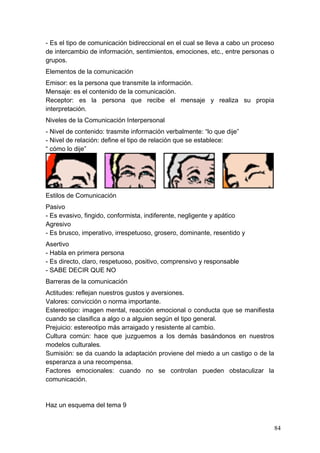 - Es el tipo de comunicación bidireccional en el cual se lleva a cabo un proceso
de intercambio de información, sentimientos, emociones, etc., entre personas o
grupos.
Elementos de la comunicación
Emisor: es la persona que transmite la información.
Mensaje: es el contenido de la comunicación.
Receptor: es la persona que recibe el mensaje y realiza su propia
interpretación.
Niveles de la Comunicación Interpersonal
- Nivel de contenido: trasmite información verbalmente: “lo que dije”
- Nivel de relación: define el tipo de relación que se establece:
“ cómo lo dije”




Estilos de Comunicación
Pasivo
- Es evasivo, fingido, conformista, indiferente, negligente y apático
Agresivo
- Es brusco, imperativo, irrespetuoso, grosero, dominante, resentido y
Asertivo
- Habla en primera persona
- Es directo, claro, respetuoso, positivo, comprensivo y responsable
- SABE DECIR QUE NO
Barreras de la comunicación
Actitudes: reflejan nuestros gustos y aversiones.
Valores: convicción o norma importante.
Estereotipo: imagen mental, reacción emocional o conducta que se manifiesta
cuando se clasifica a algo o a alguien según el tipo general.
Prejuicio: estereotipo más arraigado y resistente al cambio.
Cultura común: hace que juzguemos a los demás basándonos en nuestros
modelos culturales.
Sumisión: se da cuando la adaptación proviene del miedo a un castigo o de la
esperanza a una recompensa.
Factores emocionales: cuando no se controlan pueden obstaculizar la
comunicación.


Haz un esquema del tema 9


                                                                                   84
 