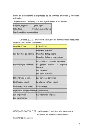 Busca en el diccionario el significado de los términos anteriores y reflexiona
sobre ello.
Propón tú otras palabras y busca su significado en el diccionario.

Regente, regenta        Ligero, ligera
Lobo, loba              Aventurero, aventurera
Hombre público, mujer pública



        La U.N.E.S.C.O. propone la sustitución de terminaciones masculinas
por otras más neutras y generales.

INCORRECTO                  CORRECTO

                            Derechos humanos
Los derechos del hombre     Derechos de la persona
                            Derechos de hombres y mujeres

                            La humanidad, hombres y mujeres
El hombre (los hombres)     El genero      humano,    la   especie
                            humana
                            Las personas
                            Los seres humanos

El hombre de la calle       Las personas corrientes

El niños (los niños)        La infancia (niños y niñas)

El alumno (los alumnos)     El alumnado

El profesor (los profesores) El profesorado,

Las limpiadoras             El personal de limpieza
Los barrenderos




VISIONADO CAPÍTULO DE Los Simpsons “Las chicas sólo saben sumar”
                              El cuento “La boda de la señora zorra”
Resume los dos vídeos:


                                                                                 9
 