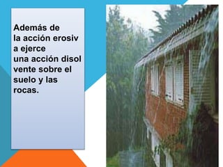 Además de 
la acción erosiv 
a ejerce 
una acción disol 
vente sobre el 
suelo y las 
rocas. 
 