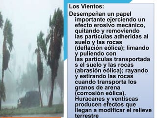 Los Vientos: 
Desempeñan un papel 
importante ejerciendo un 
efecto erosivo mecánico, 
quitando y removiendo 
las partículas adheridas al 
suelo y las rocas 
(deflación eólica); limando 
y puliendo con 
las partículas transportada 
s el suelo y las rocas 
(abrasión eólica); rayando 
y estirando las rocas 
cuando transporta los 
granos de arena 
(corrosión eólica). 
Huracanes y ventiscas 
producen efectos que 
llegan a modificar el relieve 
terrestre 
 