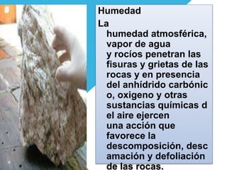 Humedad 
La 
humedad atmosférica, 
vapor de agua 
y rocíos penetran las 
fisuras y grietas de las 
rocas y en presencia 
del anhídrido carbónic 
o, oxigeno y otras 
sustancias químicas d 
el aire ejercen 
una acción que 
favorece la 
descomposición, desc 
amación y defoliación 
de las rocas. 
 