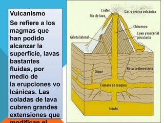 Vulcanismo 
Se refiere a los 
magmas que 
han podido 
alcanzar la 
superficie, lavas 
bastantes 
fluidas, por 
medio de 
la erupciones vo 
lcánicas. Las 
coladas de lava 
cubren grandes 
extensiones que 
modifican el 
 