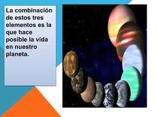La combinación 
de estos tres 
elementos es la 
que hace 
posible la vida 
en nuestro 
planeta. 
 