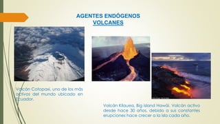 AGENTES ENDÓGENOS 
VOLCANES 
Volcán Kilauea, Big island Hawái. Volcán activo 
desde hace 30 años, debido a sus constantes 
erupciones hace crecer a la isla cada año. 
Volcán Cotopaxi, uno de los más 
activos del mundo ubicado en 
Ecuador. 
 