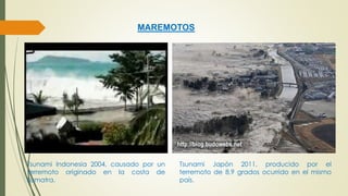 MAREMOTOS 
Tsunami Indonesia 2004, causado por un 
terremoto originado en la costa de 
Sumatra. 
Tsunami Japón 2011, producido por el 
terremoto de 8.9 grados ocurrido en el mismo 
país. 
 