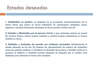 Estados deseados

1. Establecidos en positivo: La negación no es procesada operacionalmente de la
misma forma que ocurre en forma intelectual. En consecuencia establecer metas,
objetivos o estados/direcciones deseadas en forma positiva resulta más útil.

2. Iniciados y Mantenidos por la persona: Debido a que solamente estamos en control
de nosotros mismos, nuestra propia conducta y nuestros propios sentimientos, lo inverso
también es cierto.

3. Definidos y Evaluados de acuerdo con evidencia sensoriales: Estableciendo el
estado deseado en los tres (3) sistemas de representación de manera tan específica
como sea posible, comienza a establecer la dirección del proceso y también comienza a
procesar el objetivo o resultado (estado deseado) en lenguaje que el cerebro está
diseñado para entender en forma más completa.
 