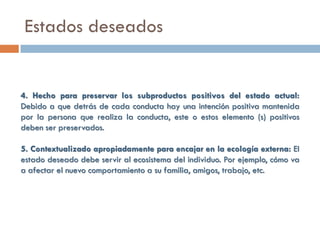 Estados deseados


4. Hecho para preservar los subproductos positivos del estado actual:
Debido a que detrás de cada conducta hay una intención positiva mantenida
por la persona que realiza la conducta, este o estos elemento (s) positivos
deben ser preservados.

5. Contextualizado apropiadamente para encajar en la ecología externa: El
estado deseado debe servir al ecosistema del individuo. Por ejemplo, cómo va
a afectar el nuevo comportamiento a su familia, amigos, trabajo, etc.
 