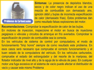 Recomendaciones: Comprobar la especificación de calor de las bujías.
En motores de inyeccion, inspeccione el motor en busca de inyectores
pegajosos o válvulas y circuitos de arranque en frío averiados. Comprobar la
especificación de presión de combustible sea la correcta.
En los vehículos de sistema de control por computadora, el modo de
funcionamiento "limp honre" siempre da como resultado este problema. En
esos casos será necesario que compruebe el correcto funcionamiento y el
buen estado de la computadora del vehículo. En los vehículos carburados,
compruebe el estado del estrangulador y del resorte de la mariposa, del
flotador indicador de nivel alto y de la aguja de la válvula de paso. En cualquier
motor una fuga excesiva en el sistema de vacío puede afectar el distribuidor de
vacío y causar este mismo Problema
Síntomas: La presencia de depósitos blandos,
secos y de color negro indican el uso de una
mezcla de combustible con demasiado aire,
ignición débil y bujías de incorrecta especificación
de calor (demasiado frías). Estos problemas dan
como resultado falsas explosiones del motor.
 