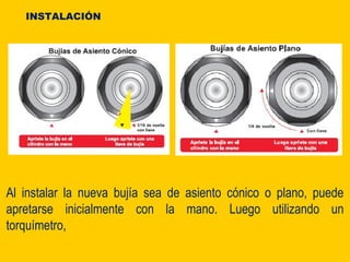 Al instalar la nueva bujía sea de asiento cónico o plano, puede
apretarse inicialmente con la mano. Luego utilizando un
torquímetro,
INSTALACIÓN
 