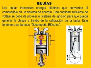 Las bujías transmiten energía eléctrica que convierten al
combustible en un sistema de energía. Una cantidad suficiente de
voltaje se debe de proveer al sistema de ignición para que pueda
generar la chispa a través de la calibración de la bujía. Este
fenómeno es llamado “Desempeño Eléctrico”.
BUJÍAS
 