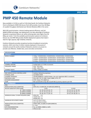 SPEC SHEET

PMP 450 Remote Module
Now available in 2.4 GHz as well as 5 GHz (dual band), the Cambium Networks
Point-to-Multipoint (PMP) 450 Access Point (AP) provides more than 90 Mbps
of useable throughput distributed over Remote Modules (RM) in the sector.
With GPS synchronization, industry leading spectral efficiency, and 2x2
MIMO-OFDM technology, new deployments can take advantage of Cambium
Networks’ proprietary feature set, while achieving data rates higher than 90
Mbps per sector. From the available synchronization options to its diverse
feature set, the PMP 450 provides flexible deployment options that make it
ideal for high capacity, high reliability networks.
Cambium Networks provides exceptional wireless broadband connectivity
solutions. With more than 4 million modules deployed in thousands of
networks around the world, Cambium Networks solutions are proven to
provide cost effective, reliable data, voice and video connectivity.
SPECIFICATIONS
PRODUCT
MODEL NUMBER

4 Mbps: C054045C001A, C024045C001A, C054045C005A, C024045C005A
10 Mbps: C054045C002A, C024045C002A, C054045C006A, C024045C006A
20 Mbps: C054045C003A, C024045C003A, C054045C007A, C024045C007A
60 Mbps: C054045C004A, C024045C004A, C054045C008A, C024045C008A

SPECTRUM
CHANNEL SPACING
FREQUENCY RANGE
CHANNEL WIDTH
INTERFACE
MAC (MEDIA ACCESS CONTROL) LAYER
PHYSICAL LAYER
ETHERNET INTERFACE
PROTOCOLS USED
NETWORK MANAGEMENT
VLAN
PERFORMANCE
ARQ
MODULATION LEVELS (ADAPTIVE)
RECEIVE SENSITIVITY (PER CHAIN)
@ 5MHZ CHANNEL
@ 10MHZ CHANNEL
@ 20MHZ CHANNEL
MINIMUM SIGNAL TO NOISE REQUIRED (SNR)

MAXIMUM DEPLOYMENT RANGE
MODULATION LEVELS (ADAPTIVE)
LATENCY
GPS SYNCHRONIZATION
QUALITY OF SERVICE

Configurable on 2.5 MHz increments
5470 - 5875 MHz
2400 - 2483.5 MHz
5 MHz, 10 MHz or 20 MHz
Cambium Networks proprietary
2x2 MIMO OFDM
10/100/1000BaseT, half/full duplex, rate auto negotiated (802.3 compliant)
IPv4, UDP, TCP, IP, ICMP, Telnet, SNMP, HTTP, FTP
HTTP, Telnet, FTP, SNMP v2c
802.1ad (DVLAN Q-inQ), 802.1Q with 802.1p priority, dynamic port VID
Yes
QPSK (2X), 16-QAM (4X), 64-QAM (6X) (MIMO-B)
5 GHz
2X=-90, 4X=-85, 6X=-79
2X=-87, 4X=-81, 6X=-75
2X=-84, 4X=-77, 6X=-70
QPSK (2X) = 10
16QAM (4X) = 17
64QAM (6X) = 24
Up to 25 miles (5 GHz)
Up to 40 miles (2.4 GHz)
OFDM: QPSK, 16-QAM, 64-QAM (MIMO-B)
3 - 5 ms
Yes, via CMM3, CMM4 or UGPS
Diffserve QoS

2.4 GHz
2X=-93, 4X=-87, 6X=-80
2X=-90, 4X=-84, 6X=-77
2X=-87, 4X=-80, 6X=-73

 