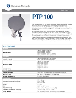 SPEC SHEET




                                      PTP 100
                                      The Cambium Networks PTP 100 Series of Point-to-Point wireless Ethernet bridges provide a
                                      low-cost-of-entry solution for deployment, expansion and extension of broadband
                                      communications networks. The PTP 100 Series also offers the scalability of simple,
                                      affordable software key- based license upgrades for additional performance and capacity as
                                      networks grow.

                                      An organization can begin with a system that delivers 2 Mbps of aggregate throughput at
                                      one of the lowest initial costs in the industry. When upgrades are needed, the user simply
                                      purchases software license keys that allow incremental over-the-air upgrades to 4 Mbps and
                                      to 7 Mbps aggregate data rates. Licenses that deliver up to 14 Mbps are also available.

                                       Cambium Networks provides exceptional wireless broadband connectivity solutions. With
                                      more than 3 million modules deployed in thousands of networks around the world, Cambium
                                      solutions are proven to provide cost effective, reliable data, voice and video connectivity.




SPECIFICATIONS
PRODUCT
                                                  2.4 GHz - 2400BHDD, 2400BH20DD
                                                  5.1 GHz - 5202BHG, 5202BH20G
MODEL NUMBER                                      5.2 GHz - 5200BHG, 5200BH20G
                                                  5.4 GHz - 5400BH02G, 5400BHG, 5400BH20G
                                                  5.8 GHz - 5700BH02G, 5700BHG, 5700BH20G
SPECTRUM
CHANNEL SPACING                                   2.4 GHz - Configurable on 2.5 MHz increments
                                                  5 GHz - Configurable on 5 MHz increments
                                                  2.4 GHz - 2415 - 2457.5 MHz
                                                  5.1 GHz - 5150 - 5350 MHz
FREQUENCY RANGE                                   5.2 GHz - 5250 - 5350 MHz
                                                  5.4 GHz - 5470 - 5725 MHz
                                                  5.8 GHz - 5725 - 5850 MHz
                                                  5.9 GHz - 5850 - 6050 MHz
CHANNEL WIDTH                                     20 MHz
INTERFACE
ETHERNET INTERFACE                                10/100 Base T, half/full duplex. Rate auto negotiated (802.3 compliant)
PROTOCOLS USED                                    IPV4, UDP, TCP, ICMP, Telnet, HTTP, FTP, SNMP, PPPoE
NETWORK MANAGEMENT                                HTTP, TELNET, FTP, SNMPv2c
PERFORMANCE
                                                  PTP110 - 2 Mbps
MAXIMUM AGGREGATE THROUGHPUT                      PTP120 - 7 Mbps
                                                  PTP130 - 14 Mbps
LATENCY                                           5 - 7 msec
VLAN                                              802.1Q with 802.1p Priority
MODULATION TYPE                                   2-level and 4-level Frequency Shift Keying (FSK)
CARRIER TO INTERFERENCE RATIO (C/I)               ~3dB @ 2 level FSK, ~10dB @ 4 Level FSK
ACCESS METHOD                                     Time Division Duplexing/Time Division Multiple Access (TDD/TDMA)
 