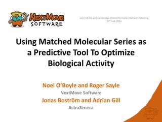 Joint CICAG and Cambridge Cheminformatics Network Meeting
19th Feb 2014

Using Matched Molecular Series as
a Predictive Tool To Optimize
Biological Activity
Noel O’Boyle and Roger Sayle
NextMove Software

Jonas Boström and Adrian Gill
AstraZeneca

 