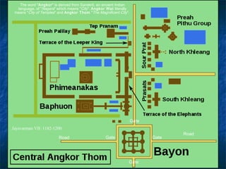 The word "Angkor" is derived from Sanskrit, an ancient Indian
language, of "Nagara" which means "City". Angkor Wat literally
means "City of Temples" and Angkor Thom "The Magnificent City".

Gate
Jayavarman VII: 1182-1200
Road

Gate

Gate

Gate

Road

 