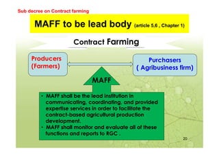 MAFF to be lead body (article 5,6 , Chapter 1)
Producers
(Farmers)
Purchasers
( Agribusiness firm)
Contract Farming
• MAFF...