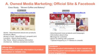 Case Study; “Brown Coffee and Bakery”
Official Site Facebook
-Home: Advertisement about new products
-Products: Menu
-Brown’s Card: About Brown’s prepaid card
-Location: About shop location
-Our Story: About company information
-Contact us: Address and phone number
- Advertisement (new products and Campaign)
- Information about shop
- Message for customer
- Space for talking with customer
* Upload frequency is 7~13times in a month
Official Site →
Provide fixed corporate information & product
information in reliable way.
A. Owned Media Marketing; Official Site & Facebook
Facebook →
Provide product information in more casual way
and having good conversation with customers for
brand engagement.
http://www.browncoffee.com.kh/ https://www.facebook.com/browncoffee.kh
 