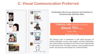 Cambodian like to use pictures and stamps to
communicate with the other.
Literacy rate (people aged 15 and above)
About 70% (2014)
Urban: 80%
Semi-urban: 60%
The literacy rate in Cambodia is still weak because of
limited education access and quality, and the publication
also quite limited, so people do not have much opportunity
to read book at all. For these reasons, many people tend to
prefer use pictures and stamps for communication.
C. Visual Communication Preferred
 