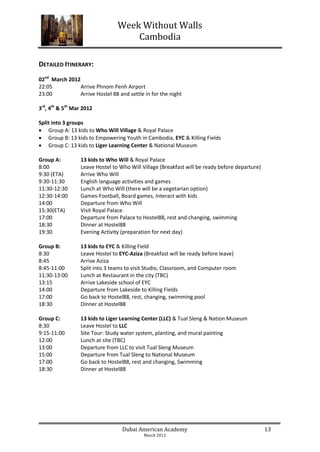 Week Without Walls
                                     Cambodia

DETAILED ITINERARY:
02nd March 2012
22:05           Arrive Phnom Penh Airport
23:00           Arrive Hostel 88 and settle in for the night

3rd, 4th & 5th Mar 2012

Split into 3 groups
 Group A: 13 kids to Who Will Village & Royal Palace
 Group B: 13 kids to Empowering Youth in Cambodia, EYC & Killing Fields
 Group C: 13 kids to Liger Learning Center & National Museum

Group A:          13 kids to Who Will & Royal Palace
8:00              Leave Hostel to Who Will Village (Breakfast will be ready before departure)
9:30 (ETA)        Arrive Who Will
9:30-11:30        English language activities and games
11:30-12:30       Lunch at Who Will (there will be a vegetarian option)
12:30-14:00       Games-Football, Board games, Interact with kids
14:00             Departure from Who Will
15:30(ETA)        Visit Royal Palace
17:00             Departure from Palace to Hostel88, rest and changing, swimming
18:30             Dinner at Hostel88
19:30             Evening Activity (preparation for next day)

Group B:          13 kids to EYC & Killing Field
8:30              Leave Hostel to EYC-Aziza (Breakfast will be ready before leave)
8:45              Arrive Aziza
8:45-11:00        Split into 3 teams to visit Studio, Classroom, and Computer room
11:30-13:00       Lunch at Restaurant in the city (TBC)
13:15             Arrive Lakeside school of EYC
14:00             Departure from Lakeside to Killing Fields
17:00             Go back to Hostel88, rest, changing, swimming pool
18:30             Dinner at Hostel88

Group C:          13 kids to Liger Learning Center (LLC) & Tual Sleng & Nation Museum
8:30              Leave Hostel to LLC
9:15-11:00        Site Tour: Study water system, planting, and mural painting
12:00             Lunch at site (TBC)
13:00             Departure from LLC to visit Tual Sleng Museum
15:00             Departure from Tual Sleng to National Museum
17:00             Go back to Hostel88, rest and changing, Swimming
18:30             Dinner at Hostel88




                                   Dubai American Academy                                       13
                                            March 2012
 
