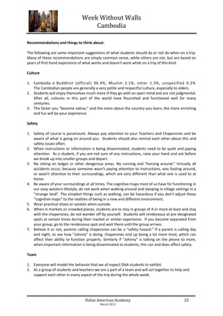 Week Without Walls
                                    Cambodia

Recommendations and things to think about:

The following are some important suggestions of what students should do or not do when on a trip.
Many of these recommendations are simply common sense, while others are not, but are based on
years of first hand experience of what works and doesn't work while on a trip of this kind.

Culture

1. Cambodia is Buddhist (official) 96.4%, Muslim 2.1%, other 1.3%, unspecified 0.2%
   The Cambodian people are generally a very polite and respectful culture, especially to elders.
2. Students will enjoy themselves much more if they go with an open mind and are not judgmental.
   After all, cultures in this part of the world have flourished and functioned well for many
   centuries.
3. The faster you "become native,” and the more about the country you learn, the more enriching
   and fun will be your experience.

Safety

1. Safety of course is paramount. Always pay attention to your Teachers and Chaperones and be
   aware of what is going on around you. Students should also remind each other about this and
   safety issues often.
2. When instructions or information is being disseminated, students need to be quiet and paying
   attention. As a student, if you are not sure of any instructions, raise your hand and ask before
   we break up into smaller groups and depart.
3. No sitting on ledges or other dangerous areas. No running and "horsing around." Virtually all
   accidents occur, because someone wasn't paying attention to instructions, was fooling around,
   or wasn't attentive to their surroundings, which are very different than what one is used to at
   home.
4. Be aware of your surroundings at all times. The cognitive maps most of us have for functioning in
   our easy western lifestyle, do not work when walking around and sleeping in village settings in a
   “strange land”. The simplest things such as walking, can be hazardous if you don't adjust those
   “cognitive maps” to the realities of being in a new and different environment.
5. Wear practical shoes or sandals when outside.
6. When in markets or crowded places, students are to stay in groups of 4 or more at least and stay
   with the chaperones, do not wander off by yourself. Students will rendezvous at pre-designated
   spots at certain times during their market or similar experience. If you become separated from
   your group, go to the rendezvous spot and wait there until the group arrives.
7. Believe it or not, parents calling chaperones can be a "safety hazard." If a parent is calling day
   and night, to see how "Johnny" is doing, chaperones end up being a lot more tired, which can
   affect their ability to function properly. Similarly if "Johnny" is talking on the phone to mom,
   when important information is being disseminated to students, this can and does affect safety.

Team

1. Everyone will model the behavior that we all expect DAA students to exhibit.
2. As a group of students and teachers we are a part of a team and will act together to help and
   support each other in every aspect of the trip during the whole week.




                                  Dubai American Academy                                     25
                                           March 2012
 