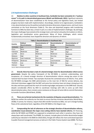 9 | P a g e
Official Use
2.4 Implementation Challenges
22. Relative to other countries in Southeast Asia, Cambodia has been somewhat of a “cautious
mover” in its path to decentralized governance (Bhatti and McDonald, 2021). Significant elements
of decentralization have been established at the formal policy and legislative levels, but limited
progress has been made with implementation. Accordingly, relative to its regional peers, Cambodia’s
is less decentralized across the political and administrative dimensions of governance, and much more
centralized on the fiscal dimension (Table 2). The slow and disjointed progress with transferring
functions to SNAs has been due, at least in part, to a slew of implementation challenges. By and large,
the major challenges have existed at the strategic level; and mainly to do policy formulation or reform,
legislation and coordination across government. Many of these challenges, which remain
fundamentally unresolved, have shaped the direction and dynamics of reform.
Table 2: Decentralization in Southeast Asia
Country
Political
Decentralization
Decentralization of
Functions
Decentralization of
Funds
Decentralization of
Functionaries
Cambodia Low Moderate Very low Low
China None High Very high Moderate
Indonesia Moderate High High High
Lao PDR None Moderate Moderate Moderate
Malaysia High Low Very low High
Myanmar Low/ moderate Very Low Low Very low
Philippines Moderate High Low/moderate High
Thailand Low Moderate Moderate Low
Vietnam None High High Moderate
Source: Bhatti and McDonald (2021)
23. Overall, there has been a lack of a shared strategic vision for decentralization reform across
government. Despite the policy framework of the NP-SNDD, a common understanding, and
acceptance, of a shared strategic direction of decentralization reforms among key actors at the
national level has been limited. Two examples illustrate the contested nature of reforms. First, while
the NP-SNDD envisages the DMK administration as the main tier of SNA for service delivery, key
informant interviews suggest that the MEF and some line ministries have not shown strong buy-in to
the idea and have questioned the merit of transferring budget and powers to the DMK level. Second,
despite considerable efforts by MOI to coordinate meetings with LMs to come up with their
decentralization plans, there remains some resistance on the part of some LMs to commit themselves
to transfer functions (World Bank, 2018b).
24. There are no formal mechanisms for the resolution of disputes around decentralization. The
NCDD has neither the authority nor the tools to ensure that key ministries decentralize (World Bank,
2018b). It cannot, for instance, require that LMs transfer functions to SNAs, nor can it change funding
flows at the subnational level, regardless of the NP-SNDD or the Organic Law.
25. Compounding the lack of coherence on the strategic direction of decentralization reforms,
coordination issues between the major cross-cutting reforms have stymied reforms. On financing,
while the NP-SNDD and PFMRP are supposed to complement each other in practice, they have not
always been well coordinated. The PFMRP, for instance, includes plans to further decentralize budget
authority (as indicated in the BSRS for 2018-2025), though still reflects the more centralized approach
to public financial management process as laid out in the Public Finance System Law (2008). The focus
 