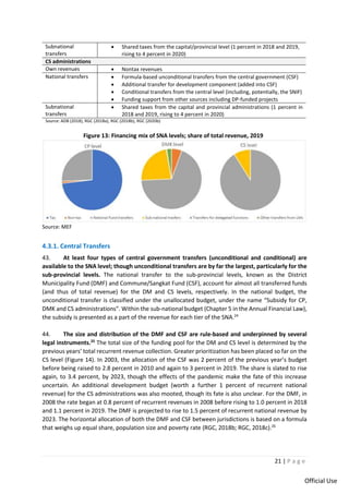 21 | P a g e
Official Use
Subnational
transfers
• Shared taxes from the capital/provincial level (1 percent in 2018 and 2019,
rising to 4 percent in 2020)
CS administrations
Own revenues • Nontax revenues
National transfers • Formula-based unconditional transfers from the central government (CSF)
• Additional transfer for development component (added into CSF)
• Conditional transfers from the central level (including, potentially, the SNIF)
• Funding support from other sources including DP-funded projects
Subnational
transfers
• Shared taxes from the capital and provincial administrations (1 percent in
2018 and 2019, rising to 4 percent in 2020)
Source: ADB (2018), RGC (2018a), RGC (2018b), RGC (2020b)
Figure 13: Financing mix of SNA levels; share of total revenue, 2019
Source: MEF
4.3.1. Central Transfers
43. At least four types of central government transfers (unconditional and conditional) are
available to the SNA level; though unconditional transfers are by far the largest, particularly for the
sub-provincial levels. The national transfer to the sub-provincial levels, known as the District
Municipality Fund (DMF) and Commune/Sangkat Fund (CSF), account for almost all transferred funds
(and thus of total revenue) for the DM and CS levels, respectively. In the national budget, the
unconditional transfer is classified under the unallocated budget, under the name “Subsidy for CP,
DMK and CS administrations”. Within the sub-national budget (Chapter 5 in the Annual Financial Law),
the subsidy is presented as a part of the revenue for each tier of the SNA.24
44. The size and distribution of the DMF and CSF are rule-based and underpinned by several
legal instruments.25
The total size of the funding pool for the DM and CS level is determined by the
previous years’ total recurrent revenue collection. Greater prioritization has been placed so far on the
CS level (Figure 14). In 2003, the allocation of the CSF was 2 percent of the previous year’s budget
before being raised to 2.8 percent in 2010 and again to 3 percent in 2019. The share is slated to rise
again, to 3.4 percent, by 2023, though the effects of the pandemic make the fate of this increase
uncertain. An additional development budget (worth a further 1 percent of recurrent national
revenue) for the CS administrations was also mooted, though its fate is also unclear. For the DMF, in
2008 the rate began at 0.8 percent of recurrent revenues in 2008 before rising to 1.0 percent in 2018
and 1.1 percent in 2019. The DMF is projected to rise to 1.5 percent of recurrent national revenue by
2023. The horizontal allocation of both the DMF and CSF between jurisdictions is based on a formula
that weighs up equal share, population size and poverty rate (RGC, 2018b; RGC, 2018c).26
 