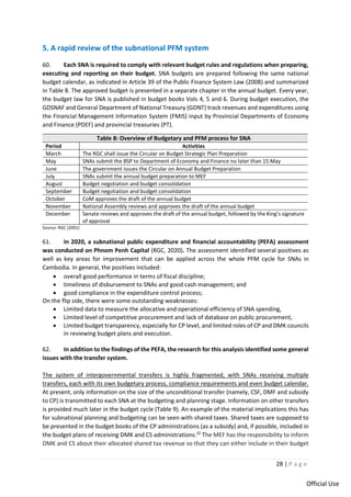 28 | P a g e
Official Use
5. A rapid review of the subnational PFM system
60. Each SNA is required to comply with relevant budget rules and regulations when preparing,
executing and reporting on their budget. SNA budgets are prepared following the same national
budget calendar, as indicated in Article 39 of the Public Finance System Law (2008) and summarized
in Table 8. The approved budget is presented in a separate chapter in the annual budget. Every year,
the budget law for SNA is published in budget books Vols 4, 5 and 6. During budget execution, the
GDSNAF and General Department of National Treasury (GDNT) track revenues and expenditures using
the Financial Management Information System (FMIS) input by Provincial Departments of Economy
and Finance (PDEF) and provincial treasuries (PT).
Table 8: Overview of Budgetary and PFM process for SNA
Period Activities
March The RGC shall issue the Circular on Budget Strategic Plan Preparation
May SNAs submit the BSP to Department of Economy and Finance no later than 15 May
June The government issues the Circular on Annual Budget Preparation
July SNAs submit the annual budget preparation to MEF
August Budget negotiation and budget consolidation
September Budget negotiation and budget consolidation
October CoM approves the draft of the annual budget
November National Assembly reviews and approves the draft of the annual budget
December Senate reviews and approves the draft of the annual budget, followed by the King’s signature
of approval
Source: RGC (2001)
61. In 2020, a subnational public expenditure and financial accountability (PEFA) assessment
was conducted on Phnom Penh Capital (RGC, 2020). The assessment identified several positives as
well as key areas for improvement that can be applied across the whole PFM cycle for SNAs in
Cambodia. In general, the positives included:
• overall good performance in terms of fiscal discipline;
• timeliness of disbursement to SNAs and good cash management; and
• good compliance in the expenditure control process;
On the flip side, there were some outstanding weaknesses:
• Limited data to measure the allocative and operational efficiency of SNA spending,
• Limited level of competitive procurement and lack of database on public procurement,
• Limited budget transparency, especially for CP level, and limited roles of CP and DMK councils
in reviewing budget plans and execution.
62. In addition to the findings of the PEFA, the research for this analysis identified some general
issues with the transfer system.
The system of intergovernmental transfers is highly fragmented, with SNAs receiving multiple
transfers, each with its own budgetary process, compliance requirements and even budget calendar.
At present, only information on the size of the unconditional transfer (namely, CSF, DMF and subsidy
to CP) is transmitted to each SNA at the budgeting and planning stage. Information on other transfers
is provided much later in the budget cycle (Table 9). An example of the material implications this has
for subnational planning and budgeting can be seen with shared taxes. Shared taxes are supposed to
be presented in the budget books of the CP administrations (as a subsidy) and, if possible, included in
the budget plans of receiving DMK and CS administrations.32
The MEF has the responsibility to inform
DMK and CS about their allocated shared tax revenue so that they can either include in their budget
 