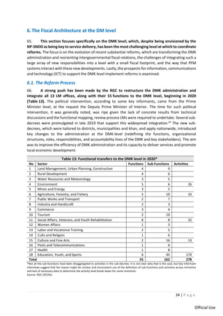 34 | P a g e
Official Use
6.The Fiscal Architecture at the DM level
65. This section focuses specifically on the DMK level; which, despite being envisioned by the
NP-SNDD as being key to service delivery, has been the most challenging level at which to coordinate
reforms. The focus is on the evolution of recent substantial reforms, which are transforming the DMK
administration and reorienting intergovernmental fiscal relations, the challenges of integrating such a
large array of new responsibilities into a level with a small fiscal footprint, and the way that PFM
systems interact with these new developments. Lastly, the prospects for information, communications
and technology (ICT) to support the DMK level implement reforms is examined.
6.1. The Reform Process
66. A strong push has been made by the RGC to restructure the DMK administration and
integrate all 13 LM offices, along with their 55 functions to the DMK level, beginning in 2020
(Table 13). The political intervention, according to some key informants, came from the Prime
Minister level, at the request the Deputy Prime Minister of Interior. The time for such political
intervention, it was generally noted, was ripe given the lack of concrete results from technical
discussions and the functional mapping, review process LMs were required to undertake. Several sub-
decrees were promulgated in late 2019 that support this widespread integration.34
The new sub-
decrees, which were tailored to districts, municipalities and khan, and apply nationwide, introduced
key changes to the administration at the DMK-level (redefining the functions, organizational
structures, roles, responsibilities, and accountability lines of the DMK and key stakeholders). The aim
was to improve the efficiency of DMK administration and its capacity to deliver services and promote
local economic development.
Table 13: Functional transfers to the DMK level in 2020*
No Sector Functions Sub Functions Activities
1 Land Management, Urban Planning, Construction 4 9
2 Rural Development 4 6
3 Water Resources and Meteorology 3 5
4 Environment 5 6 26
5 Mines and Energy 3 5
6 Agriculture, Forestry, and Fishery 5 10 33
7 Public Works and Transport 2 7
8 Industry and Handicraft 2 3
9 Commerce 3 4
10 Tourism 2 10
11 Social Affairs, Veterans, and Youth Rehabilitation 8 8 32
12 Women Affairs 1 3
13 Labor and Vocational Training 2 5
14 Cults and Religion 1 6
15 Culture and Fine Arts 2 16 13
16 Posts and Telecommunications 1 6
17 Health 1 8
18 Education, Youth, and Sports 6 45 174
Total 55 162 278
*Not all the sub-functions have been disaggregated to activities in the sub-decrees. It is not clear why that is the case, but key informant
interviews suggest that the reason might be unclear and inconsistent use of the definition of sub-functions and activities across ministries
and lack of necessary data to determine the activity level break-down for some ministries.
Source: RGC (2019e)
 
