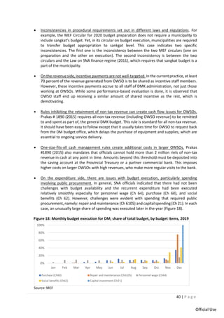 40 | P a g e
Official Use
• Inconsistencies in procedural requirements set out in different laws and regulations. For
example, the MEF Circular for 2020 budget preparation does not require a municipality to
include sangkat’s budget. Yet, in its circular on budget execution, municipalities are required
to transfer budget appropriation to sankgat level. This case indicates two specific
inconsistencies. The first one is the inconsistency between the two MEF circulars (one on
preparation and the other on execution). The second inconsistency is between the two
circulars and the Law on SNA finance regime (2011), which requires that sangkat budget is a
part of the municipality.
• On the revenue side, incentive payments are not well-targeted. In the current practice, at least
70 percent of the revenue generated from OWSO is to be shared as incentive staff members.
However, these incentive payments accrue to all staff of DMK administration, not just those
working at OWSOs. While some performance-based evaluation is done, it is observed that
OWSO staff end up receiving a similar amount of shared incentive as the rest, which is
demotivating.
• Rules inhibiting the retainment of non-tax revenue can create cash flow issues for OWSOs.
Prakas # 1890 (2015) requires all non-tax revenue (including OWSO revenue) to be remitted
to and spent as part of, the general DMK budget. This rule is standard for all non-tax revenue.
It should have been easy to follow except that it usually takes time for OWSO to request back
from the DM budget office, which delays the purchase of equipment and supplies, which are
essential to ongoing service delivery.
• One-size-fits-all cash management rules create additional costs in larger OWSOs. Prakas
#1890 (2015) also mandates that officials cannot hold more than 2 million riels of non-tax
revenue in cash at any point in time. Amounts beyond this threshold must be deposited into
the saving account at the Provincial Treasury or a partner commercial bank. This imposes
higher costs on larger OWSOs with high revenues, who make more regular visits to the bank.
• On the expenditure side, there are issues with budget execution, particularly spending
involving public procurement. In general, SNA officials indicated that there had not been
challenges with budget availability and the recurrent expenditure had been executed
relatively smoothly especially for personnel wage (Ch 64), purchase (Ch 60), and social
benefits (Ch 62). However, challenges were evident with spending that required public
procurement, namely: repair and maintenance (Ch 6105) and capital spending (Ch 21). In each
case, an unusually large share of spending was executed later in the year (Figure 18).
Figure 18: Monthly budget execution for DM; share of total budget, by budget items, 2019
Source: MEF
0%
20%
40%
60%
80%
100%
Jan Feb Mar Apr May Jun Jul Aug Sep Oct Nov Dec
Purchase (Ch60) Repair and maintenance (Ch6105) Personnel wage (Ch64)
Social benefits (Ch62) Capital investment (Ch21)
 