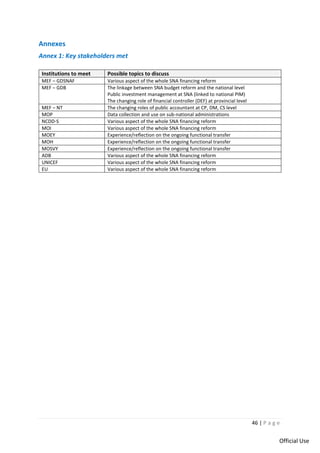 46 | P a g e
Official Use
Annexes
Annex 1: Key stakeholders met
Institutions to meet Possible topics to discuss
MEF – GDSNAF Various aspect of the whole SNA financing reform
MEF – GDB The linkage between SNA budget reform and the national level
Public investment management at SNA (linked to national PIM)
The changing role of financial controller (DEF) at provincial level
MEF – NT The changing roles of public accountant at CP, DM, CS level
MOP Data collection and use on sub-national administrations
NCDD-S Various aspect of the whole SNA financing reform
MOI Various aspect of the whole SNA financing reform
MOEY Experience/reflection on the ongoing functional transfer
MOH Experience/reflection on the ongoing functional transfer
MOSVY Experience/reflection on the ongoing functional transfer
ADB Various aspect of the whole SNA financing reform
UNICEF Various aspect of the whole SNA financing reform
EU Various aspect of the whole SNA financing reform
 