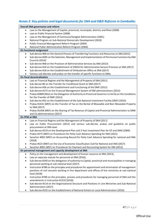 47 | P a g e
Official Use
Annex 2: Key policies and legal documents for SNA and D&D Reforms in Cambodia:
Overall SNA governance and reform
• Law on the Management of Capital, provincial, municipals, districts and Khan (2008)
• Law on Public Financial System (2008)
• Law on the Management of Commune/Sangkat Administration (2001)
• National Program on Sub-National Democratic Development (2010)
• Public Financial Management Reform Program (2004)
• National Public Administration Reform Program (2004)
On functional assignment
• Sub-decree #68 on the General Process of Transferring Functions and Resources to SNA (2012)
• Sub-decree #285 on the Selection, Management and Implementation of Permissive Functions by SNA
Councils (2014)
• Sub-decree #68 on the Provision of Administrative Services by SNA (2013)
• Sub-decree #18 on the Establishment of OWSO for Administrative Service Provision at SNA (2017)
• Sub-decree #18 on the Establishment of Ombudsman Office at SNA (2017)
• Various sub-decrees and prakas on the transfer of specific functions to SNAs
On fiscal decentralization
• Law on Financial Regime and the Management of Property of SNA (2011)
• Sub-decree #6 on the Transfer for Conditional Grant to SNA (2017)
• Sub-decree #36 on the Establishment and Functioning of the DMF (2012)
• Sub-decree #172 on the Financial Management System of DM administrations (2012)
• Prakas #2809 (MoI) on the Delegation of Authority to Provincial Governor to Verify on the Conditions
for the Transfer of DMF (2013)
• Sub-decree #32 on the Establishment of the Sub-National Investment Facility (SNIF) (2016)
• Prakas #1431 (MEF) on the Transfer of Tax on the Rental of Moveable and Non-Moveable Property
to SNA (2017)
• Prakas #1458 (MEF) on the Sharing of Tax Revenue of Capital and Provincial Administration to DMK
and CS administrations (2017)
On PFM at SNA
• Law on Financial Regime and the Management of Property of SNA (2011)
• Law on Public Procurement (2012) and various sub-decree, prakas and guideline on public
procurement at SNA level
• Sub-decree #219 on the Development Plan and 3 Year Investment Plan for CP and DKM (2009)
• Prakas #275 (MEF) on Procedures for Petty Cash Advance Spending for SNA (2015)
• Sarachor #002 (MEF) on Accounting Record for Petty Cash Advance Spending for national and SNA
(2018)
• Prakas #523 (MEF) on the Use of Economic Classification CoA for National and SNA (2017)
• Sarachor #002 (MEF) on Procedures for Payment and Accounting System for DM (2013)
On personnel management and capacity development at SNA
• Policy on the management and development of human resource at SNA (2013),
• Law on separate statute for personnel at SNA (2016),
• Sub-decree #240 on the delegation of authority to Capital, provincial and municipalities in managing
personnel working at sub-national level (2017)
• Instruction #788 on the principles and procedures for appointment and termination of management
positions of civil servants working in line department and offices of line ministries at sub-national
level (2018)
• Instruction #789 on the principles, process and procedures for managing personnel of SNA and the
amendments in Instruction #1232 (2018).
• Sub-decree #114 on the Organizational Structure and Positions in Line Ministries and Sub-National
Administration (2017)
• Sub-decree #192 on the Establishment of National School on Local Administration (2016)
 