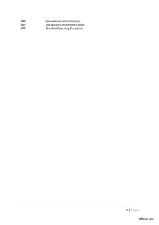 vi | P a g e
Official Use
SNA Sub-national administrations
SNIF Sub-National Investment Facility
SOP Standard Operating Procedure
 