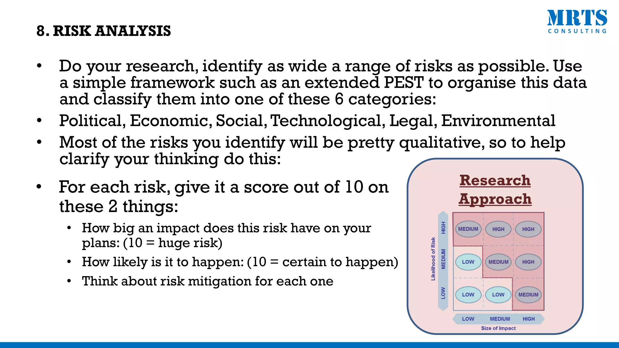 Research
Approach
• Do your research, identify as wide a range of risks as possible. Use
a simple framework such as an extended PEST to organise this data
and classify them into one of these 6 categories:
• Political, Economic, Social,Technological, Legal, Environmental
• Most of the risks you identify will be pretty qualitative, so to help
clarify your thinking do this:
• For each risk, give it a score out of 10 on
these 2 things:
• How big an impact does this risk have on your
plans: (10 = huge risk)
• How likely is it to happen: (10 = certain to happen)
• Think about risk mitigation for each one
8. RISK ANALYSIS
 