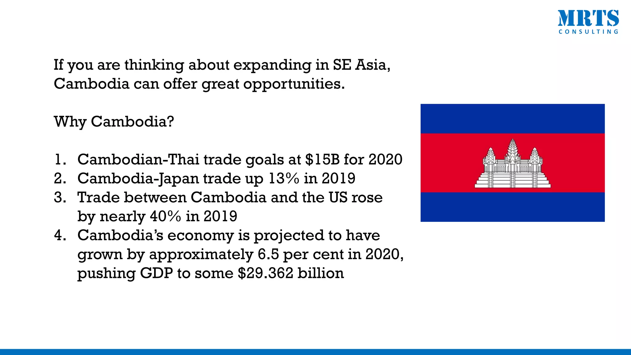 If you are thinking about expanding in SE Asia,
Cambodia can offer great opportunities.
Why Cambodia?
1. Cambodian-Thai trade goals at $15B for 2020
2. Cambodia-Japan trade up 13% in 2019
3. Trade between Cambodia and the US rose
by nearly 40% in 2019
4. Cambodia’s economy is projected to have
grown by approximately 6.5 per cent in 2020,
pushing GDP to some $29.362 billion
 