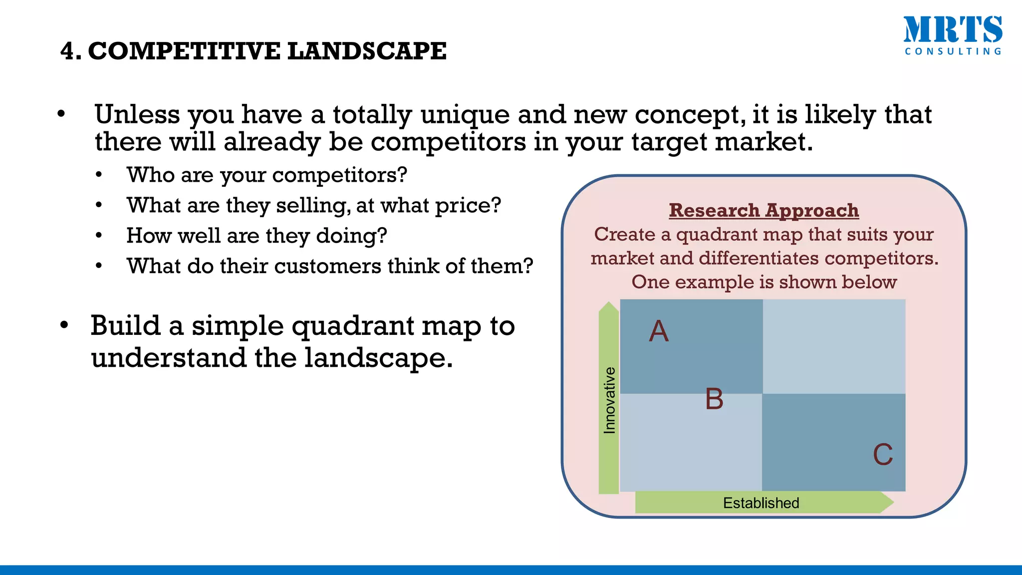 • Unless you have a totally unique and new concept, it is likely that
there will already be competitors in your target market.
• Who are your competitors?
• What are they selling, at what price?
• How well are they doing?
• What do their customers think of them?
• Build a simple quadrant map to
understand the landscape.
Research Approach
Create a quadrant map that suits your
market and differentiates competitors.
One example is shown below
Innovative
Established
A
B
C
4. COMPETITIVE LANDSCAPE
 