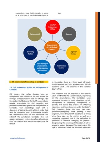 encounters a case that is complex in terms
of IP principles or the interpretation of IP
law.
3. IPR Enforcement Proceedings In Cambodia
3.1. Civil proceedings against IPR infringement in
Cambodia
IPR holders that suffer damage from an
infringement are entitled to file civil claims for
damages and specific relief from the infringer. The
Cambodian Civil Code and the Civil Procedure Code
provide procedures for civil remedies and
provisional measures against IPR infringements in
Cambodia. Civil proceedings begin with a
statement of claims (lawsuit), which is to be filed
with the competent court in Cambodia. Usually,
the residence/location of the defendant will
establish the jurisdiction. Cambodia does not
support a discovery system; therefore, all evidence
must be collected and secured in advance of the
lawsuit.
In Cambodia, there are three levels of court:
Provincial/Municipal Court, Appeals Court, and the
Supreme Court. The decision of the Supreme
Court is final.
The judgment may be appealed to the Appeals
Court and then to the Supreme Court, depending
on the circumstances. The Cambodian Laws
empowers its court to issue injunctions to halt
infringement or impending infringement of
patents, but leaves the criteria for obtaining
injunctions undefined. However, under Cambodia's
Civil Procedure Code, the court can grant
preliminary/temporary relief, pending a final
judgment, when the plaintiff establishes a strong
prima facie case on the merits, as well as a
compelling argument that if the defendant is
permitted to continue infringing the plaintiff's
design during the pendency of the action, it will be
unable to recover damages. If the court grants this
type of preliminary relief, the petitioner is typically
www.kenfoxlaw.com Page 3 of 6
 