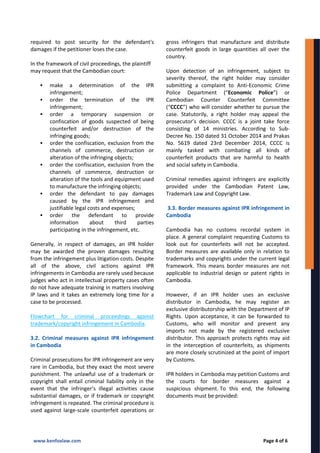 required to post security for the defendant's
damages if the petitioner loses the case.
In the framework of civil proceedings, the plaintiff
may request that the Cambodian court:
 make a determination of the IPR
infringement;
 order the termination of the IPR
infringement;
 order a temporary suspension or
confiscation of goods suspected of being
counterfeit and/or destruction of the
infringing goods;
 order the confiscation, exclusion from the
channels of commerce, destruction or
alteration of the infringing objects;
 order the confiscation, exclusion from the
channels of commerce, destruction or
alteration of the tools and equipment used
to manufacture the infringing objects;
 order the defendant to pay damages
caused by the IPR infringement and
justifiable legal costs and expenses;
 order the defendant to provide
information about third parties
participating in the infringement, etc.
Generally, in respect of damages, an IPR holder
may be awarded the proven damages resulting
from the infringement plus litigation costs. Despite
all of the above, civil actions against IPR
infringements in Cambodia are rarely used because
judges who act in intellectual property cases often
do not have adequate training in matters involving
IP laws and it takes an extremely long time for a
case to be processed.
Flowchart for criminal proceedings against
trademark/copyright infringement in Cambodia.
3.2. Criminal measures against IPR infringement
in Cambodia
Criminal prosecutions for IPR infringement are very
rare in Cambodia, but they exact the most severe
punishment. The unlawful use of a trademark or
copyright shall entail criminal liability only in the
event that the infringer’s illegal activities cause
substantial damages, or if trademark or copyright
infringement is repeated. The criminal procedure is
used against large-scale counterfeit operations or
gross infringers that manufacture and distribute
counterfeit goods in large quantities all over the
country.
Upon detection of an infringement, subject to
severity thereof, the right holder may consider
submitting a complaint to Anti-Economic Crime
Police Department (“Economic Police”) or
Cambodian Counter Counterfeit Committee
(“CCCC”) who will consider whether to pursue the
case. Statutorily, a right holder may appeal the
prosecutor’s decision. CCCC is a joint take force
consisting of 14 ministries. According to Sub-
Decree No. 150 dated 31 October 2014 and Prakas
No. 5619 dated 23rd December 2014, CCCC is
mainly tasked with combating all kinds of
counterfeit products that are harmful to health
and social safety in Cambodia.
Criminal remedies against infringers are explicitly
provided under the Cambodian Patent Law,
Trademark Law and Copyright Law.
3.3. Border measures against IPR infringement in
Cambodia
Cambodia has no customs recordal system in
place. A general complaint requesting Customs to
look out for counterfeits will not be accepted.
Border measures are available only in relation to
trademarks and copyrights under the current legal
framework. This means border measures are not
applicable to industrial design or patent rights in
Cambodia.
However, if an IPR holder uses an exclusive
distributor in Cambodia, he may register an
exclusive distributorship with the Department of IP
Rights. Upon acceptance, it can be forwarded to
Customs, who will monitor and prevent any
imports not made by the registered exclusive
distributor. This approach protects rights may aid
in the interception of counterfeits, as shipments
are more closely scrutinized at the point of import
by Customs.
IPR holders in Cambodia may petition Customs and
the courts for border measures against a
suspicious shipment. To this end, the following
documents must be provided:
www.kenfoxlaw.com Page 4 of 6
 