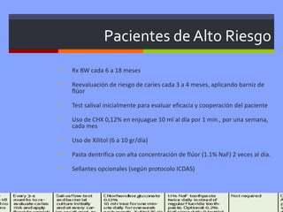 Pacientes de Alto Riesgo
              Rx BW cada 6 a 18 meses

              Reevaluación de riesgo de caries cada 3 a 4 meses, aplicando barniz de
               flúor

              Test salival inicialmente para evaluar eficacia y cooperación del paciente

              Uso de CHX 0,12% en enjuague 10 ml al día por 1 min., por una semana,
               cada mes

              Uso de Xilitol (6 a 10 gr/día)

              Pasta dentrífica con alta concentración de flúor (1.1% NaF) 2 veces al día.

              Sellantes opcionales (según protocolo ICDAS)




Leo Diaz
 
