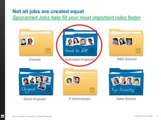 ©2014 LinkedIn Corporation. All Rights Reserved. TALENT SOLUTIONS 11
Not all jobs are created equal
Sponsored Jobs help fill your most important roles faster
Chemist Automation Engineer R&D Scientist
Senior Engineer IT Administrator Sales Director
 