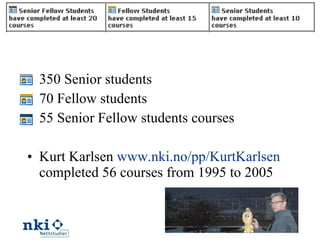 350 Senior students 70 Fellow students 55 Senior Fellow students courses Kurt Karlsen  www.nki.no/pp/KurtKarlsen  completed 56 courses from 1995 to 2005 