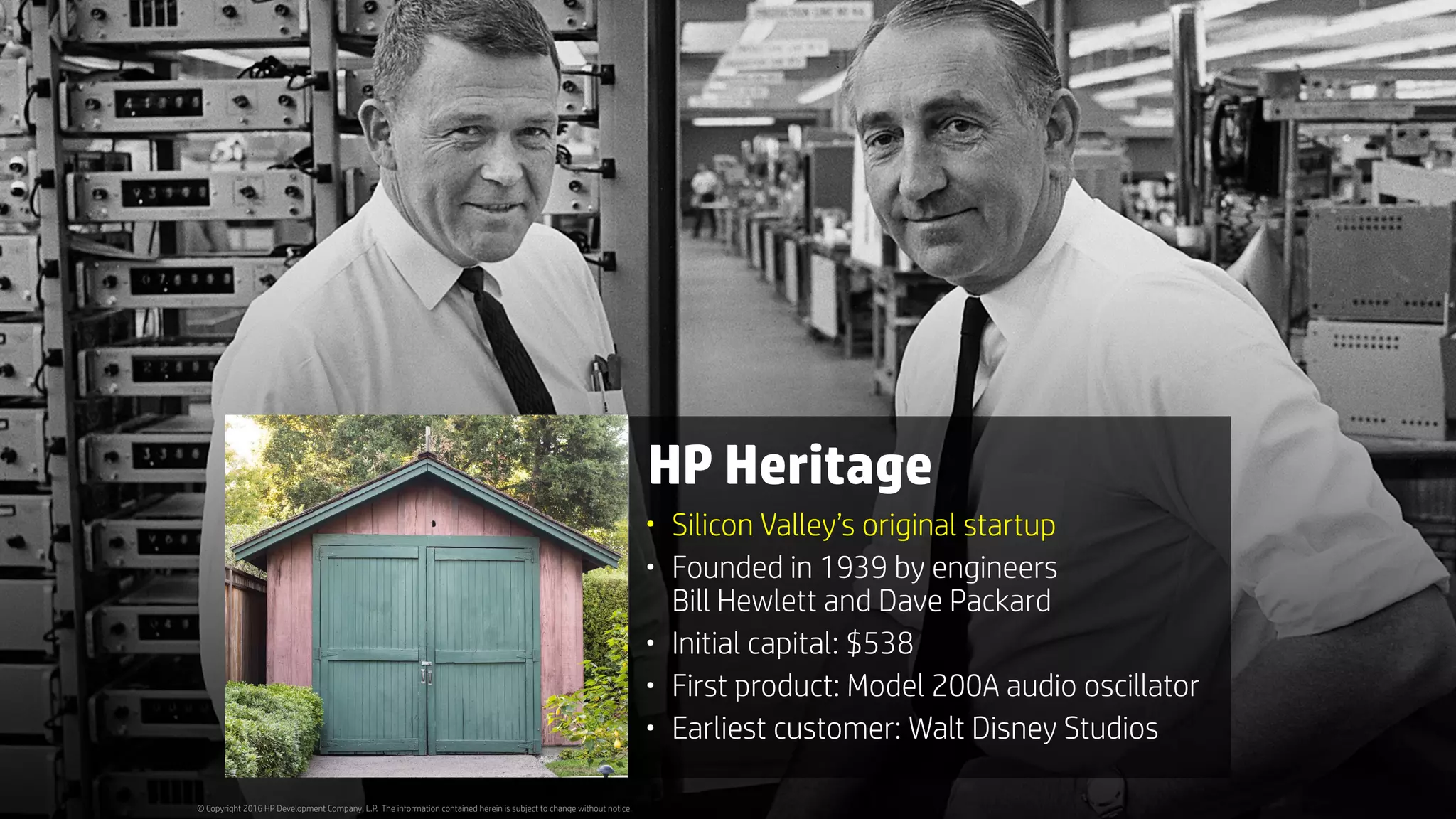 © Copyright 2016 HP Development Company, L.P. The information contained herein is subject to change without notice.
HP Heritage
• Silicon Valley’s original startup
• Founded in 1939 by engineers  
Bill Hewlett and Dave Packard
• Initial capital: $538
• First product: Model 200A audio oscillator
• Earliest customer: Walt Disney Studios
 