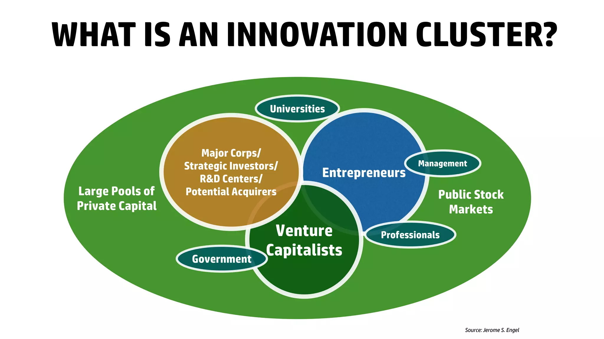 Large Pools of
Private Capital
Source: Jerome S. Engel
WHAT IS AN INNOVATION CLUSTER?
Entrepreneurs
Venture
Capitalists
Major Corps/
Strategic Investors/
R&D Centers/
Potential Acquirers
Universities
Government
Professionals
Management
Public Stock
Markets
 