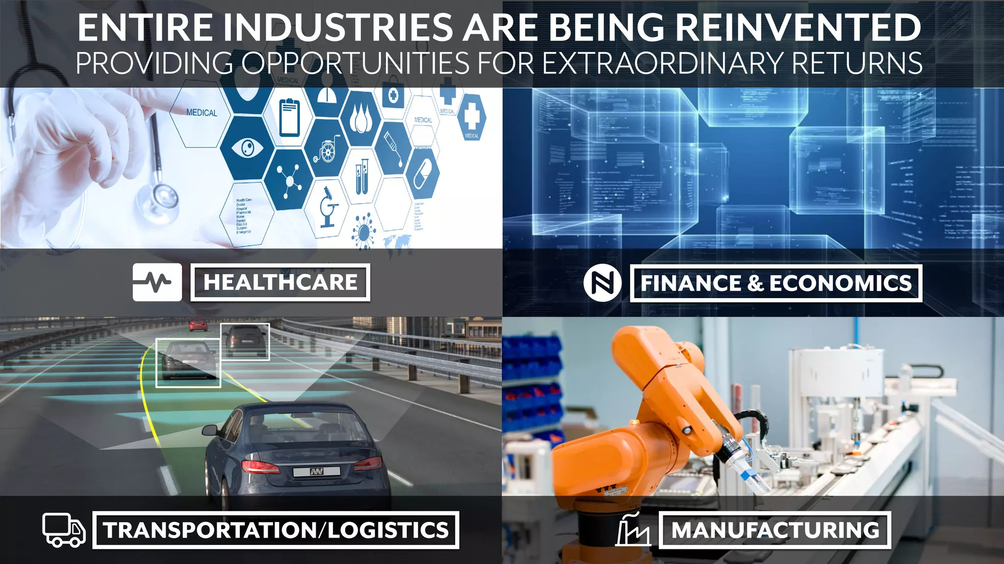 HEALTHCARE
TRANSPORTATION/LOGISTICS
ENTIRE INDUSTRIES ARE BEING REINVENTED
PROVIDING OPPORTUNITIES FOR EXTRAORDINARY RETURNS
FINANCE & ECONOMICS
MANUFACTURING
MOTIVENTURES
 