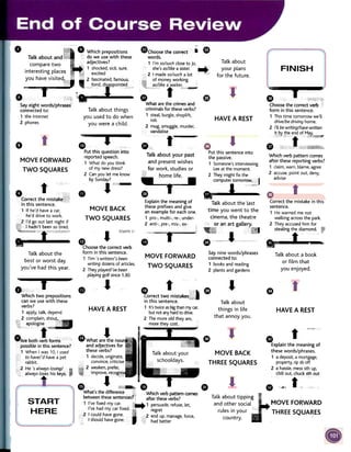 0
.
-
sitions
Talk about and ith these
compare two .
k.. I IC ,sure,
Interesting paces
you have , famous,
poi~te9"",
."",W","
Sayeightwords/phrases"
connectedto:
1 the Internet
2 phones
Talk about
your plans
for the future.
FINISH~)
G
Choosethe correctve~ X'
form in this sentence.
1 This time tomorrow we'll
drive/be driving home.
2 I'll be writing/have written,
.:,::1::=Which verb pattem comes
after these reporting verbs?
1 claim, warn, blame, agree
2 accuse, point out, deny,
advise
Talk about things
you used to do when
you were a child.
HAVE A REST
.Choose the correct~
words.
1 I'm so/such close to Jo,
she's as/like a sister.
2 I made so/such a lot
of money working
a waiter.
t'"""'i-.What are the crimes and
criminals for these verbs?
1 steal, burgle. shoplift,
rob
2 mug, smuggle, murder,
vandalise
faiii, ,-
Talk about your past
and present wishes
iiiiiiifor work, studies or
~::::~;~
.
;~_.I'...~~Put this question into
reported speech.
1 What do you think
of my new dress?
2 Can you let me know
by Sunday?
..J 1/1/11-
e
MOVE FORWARD
TWO SQUARES
0" t
Correctthe
""in this sentence.
1 ff he'd have a car,
he'd drive to work.
out last night if
been so tired.
..
Explainthe meaning of
these prefixes and give
an example for eachone.
1 pro-,multi-, re-, under-
2 anti-, pre-,mis-, ex- ,
I
.'"'~-~'Y--"'-,.'
Talk about the last
time you went to the
cinema, the theatre
or an art gallery.
e--J 'lir~
Saynine words/phrases
connectedto:
1 books and reading
2 plants and gardens
MOVE BACK
TWO SQUARES
.JChoose the correct verb
form in this sentence.
1 Tim '5written/'s been
writing dozens of articles.
2 Theyplayed/'ve been
playing golf since 1.30.
..J
Talk about the
best or worst day
you've had this year.
Talk about a book
or film that
you enjoyed.
MOVE FORWARD
TWO SQUARES
.
G) e.t ;;;;~Correcttwo mistakesi~JJ,;.in this sentence. ,;;"ili!",
1 It'stwice asbig than my car,
but not any hard to drive.
2 The more old they are,
more they cost.
Talk about
things in life
that annoy you.
HAVE A REST HAVE A REST
.
t~XPlain the meaning of
these words/phrases.
1 a deposit,a mortgage,
property,rip sboff
2 a hassle,messsth up,
chill out, chucksthout
.f"'
MOVE BACK
THREE SQUARES
o.,J,i"" ,,'
Which two prepositions
can we use with these
verbs?
1 apply, talk, depend
",2 complain,
~j:~"~;f- "",.Are 'both verbfol'ifisC'c
'possible in this sentence?c
..1 When I was 10, I used
jj5ic to havel'd have a pet
(C rabbit.
"'-. H ' L L .
I*,,;,~ e sa ways osmg '~
.*'j'ca.Lwa !ys loses hisckeYfs,ccccc e
.
START
HERE
Talk about tiPPing:J- 'and other social MOVE FORWARD
rules in your c" THREE SQUARES
country. .
.What ar!e noun'!"'~'
and adjectives for
these verbs?
1 decide,originate,
'" convince,criticise
&~~2 weaken,prefer,'""", ..
'8' Improve,recogms
;""J I;;;'~.What's the difference",;i~ Which verb pattern comes
betweenthesesentences?; after these verbs?
1 I:vefixed my car.. ;~~ 1 persuade,refuse,let,
I vehad my carfixed. ,'ti~ ' regret
1could havegone. "";"~I~#j end up,manage,force,
1shouldhavegone." had better
Put this sentence into
the passive.
1 Someone's interviewing
Lee at the moment.
2 They might fix the
computer tomorrow"i11
! :.:::
Correct the mistake in this
sentence.
1 He warned me not
walking across the park.
2 They accused him for
stealing the diamond. I'
..1_.111~'1==~~
 